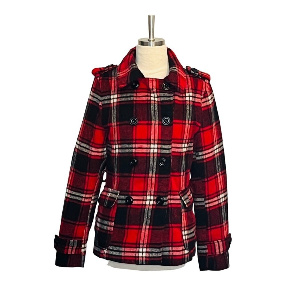 Cocoa Platinum Womens Red Black Plaid Wool Blend Double Breasted Peacoat Size M